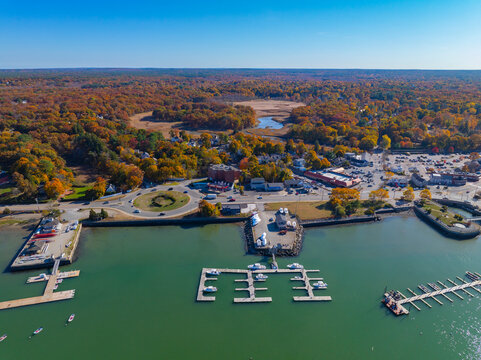Hingham Harbor in fall aerial view including historic waterfront village and Broad Cove in town of Hingham near Boston, Massachusetts MA, USA.