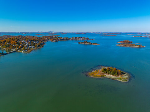 Button Island in fall aerial view in Hingham Harbor in town of Hingham near Boston, Massachusetts MA, USA. This Island belongs to Boston Harbor Islands Park. 