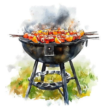 Summer Barbecue, illustration watercolor artwork with subtle gradients and elegant contours, isolated on a white background.