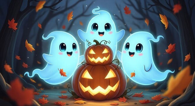 Halloween scene with jack o' lantern and friendly ghosts in autumn foliage