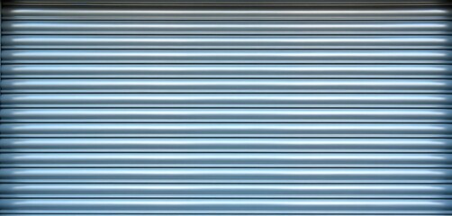 Fototapeta premium Close up of metallic rolling shutter door. Horizontal lines of textured metal surface create pattern. Closed security gate provides protection for property.