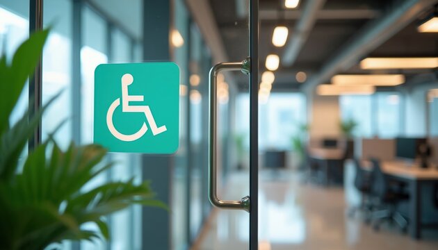 Green wheelchair access sign on glass door. Modern office interior with desks and chairs visible through glass. Focus on inclusion and accessibility.