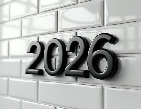 Black numbers 2026 on white subway tile wall. Minimalist design for new year, future goals, or home renovation projects. Clean urban aesthetic with glossy surface.