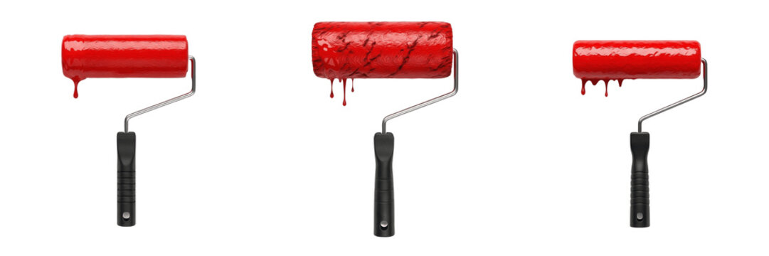 Set of Professional Red Paint Roller with Splash with Isolated on White Background, PNG