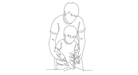Obraz premium Continuous line drawing of a father and son gardening together.