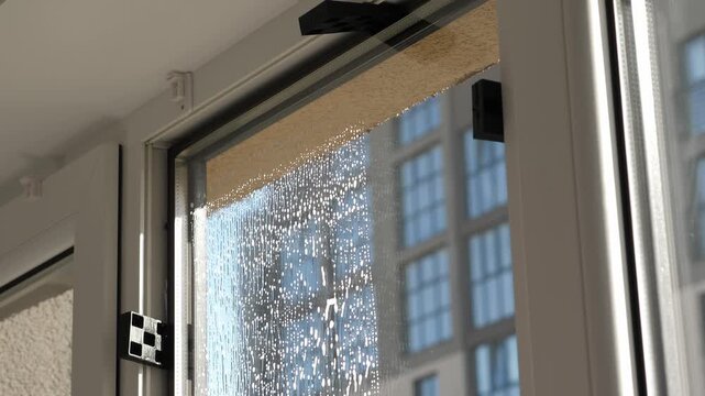 Worker installing and smoothing tint film on window at home. Man washing windows before tinting
