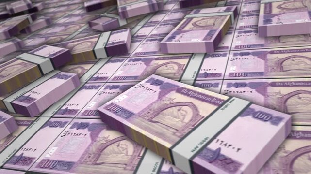 Afghanistan Afghani Afghan money banknote bundle loop. 100 AFN money stacks. Concept of business, economy, banking and finance. Camera over cash packs loopable seamless 3d.