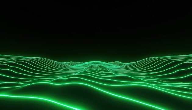 Glowing green abstract lines form a wavy landscape under a black sky. Digital terrain or ocean waves with smooth horizon and depth. Futuristic or sci-fi background.
