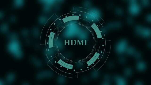 Digital circular HUD with HDMI text against a dark blurred bokeh background HDMI High-Definition Multimedia Interface