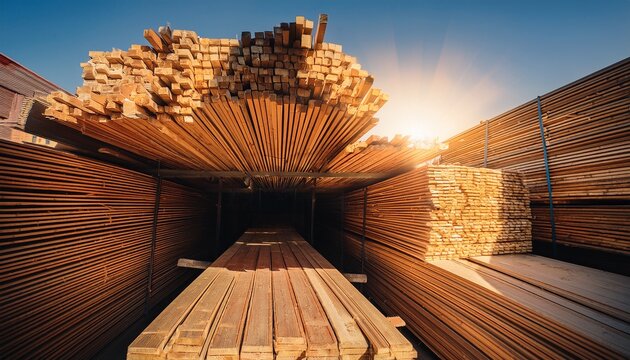stacks of wood in a warehouse lit by warm sunlight showcasing the texture and quality of lumber for construction and diy projects