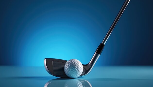 Close up of golf club head about to hit white dimpled ball. Clean blue studio background with glossy floor. Elegant sport concept.