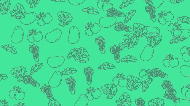 Pattern of outlines of fruits and vegetables on a green background. Ideal for foodrelated designs, menus, packaging, and kitchen decor themes.