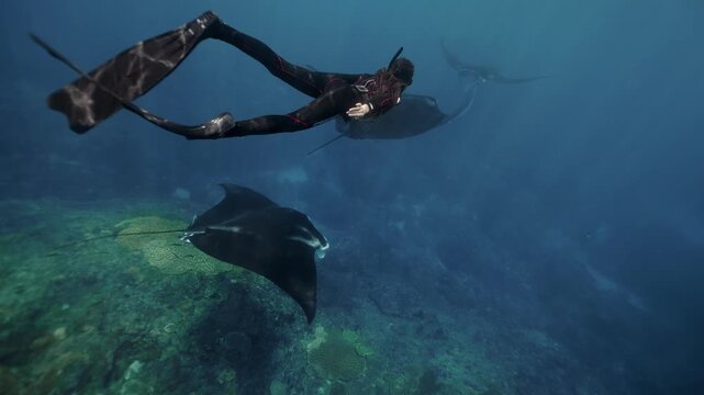 Woman in long fins swims underwater with the giant oceanic manta ray. Graceful black Manta Ray glides through clear blue waters of Islands, accompanied by lively remora fish. Snorkeling freediving