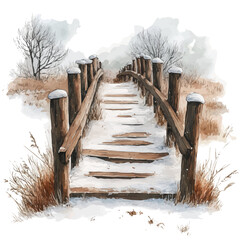 Snow-covered Bridge Scene, illustration watercolor artwork with subtle gradients and elegant contours, isolated on a white background. © lunaris