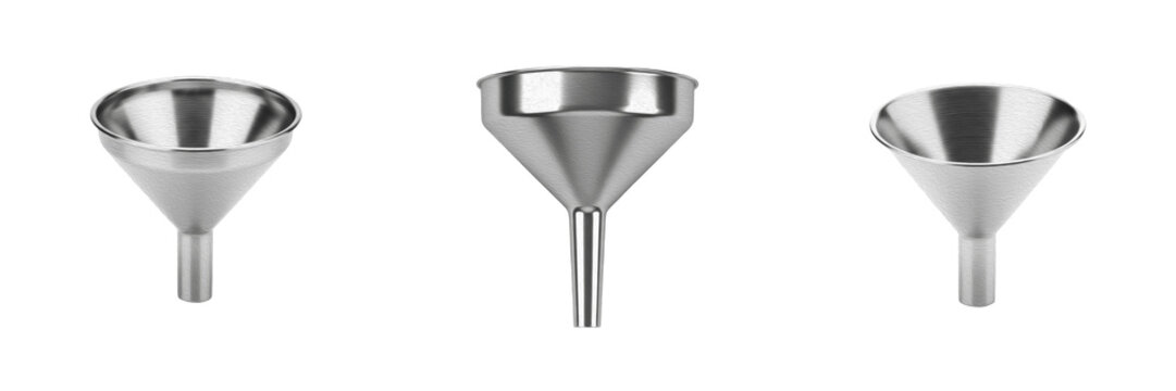 Set of Professional Metallic Silver Kitchen Funnel Isolated on White Background, PNG