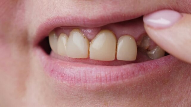 Unrecognizable woman with broken teeth. Female mouth with damaged and cracked tooth. Closeup
