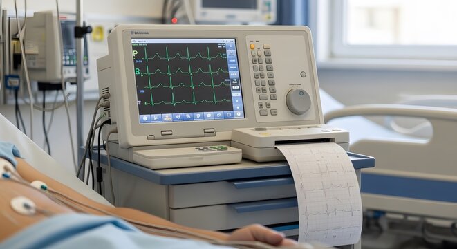 ECG monitor showing heart rate waveforms in a hospital room. Medical EKG machine printing heart rhythm data. Cardiology diagnostic equipment in clinical setting