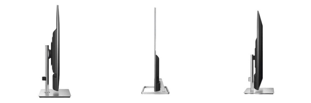 Set of thin modern flat screen smart TV display side view isolated on transparent PNG background. Black electronic multimedia television device for home entertainment.