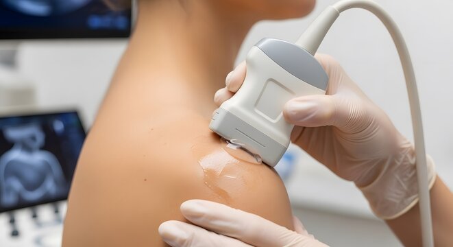 Close up of shoulder ultrasound procedure with transducer and gel. Medical professional performing sonography on patient. Diagnostic imaging for joint injury