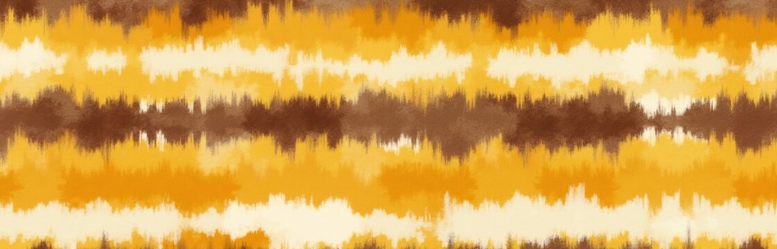 Abstract horizontal stripes in earthy tones of yellow, orange, brown create textured, seamless pattern. Design mimics tie-dye effect with blurred edges, irregular lines for retro feel. Offers vintage
