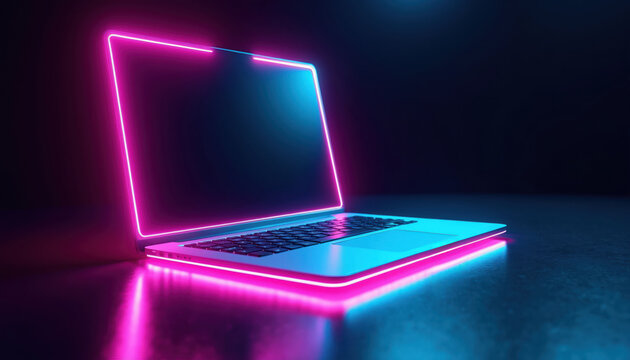 Modern laptop glows with neon pink and blue light. Device sits on dark surface, reflecting vibrant colors. Futuristic tech concept for digital business and design.