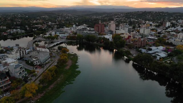 Aerial sunset over villa carlos paz in cordoba argentina