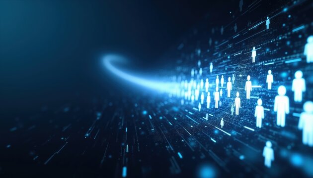Abstract digital flow of glowing human icons representing data, connectivity. Abstract network with many people silhouettes moving in data stream. Futuristic tech concept for online community,