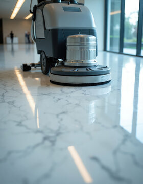 Professional floor scrubber polishes shiny marble surface in modern building. Electric machine cleans large indoor space for hygiene and shine. Automated appliance ensures spotless flooring.