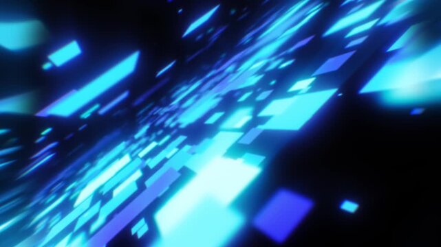 Abstract blue geometric shards and glowing rectangles in fast motion