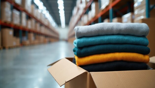 Stack of folded sweaters in a cardboard box. Shelves with boxes fill large warehouse space. Clothing inventory for online shop order fulfillment.