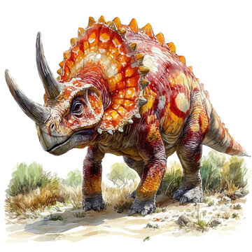 Protoceratops, illustration watercolor with playful splashes and delicate line details, isolated on a white background.