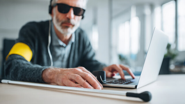 Blind man with walking stick using a laptop computer.