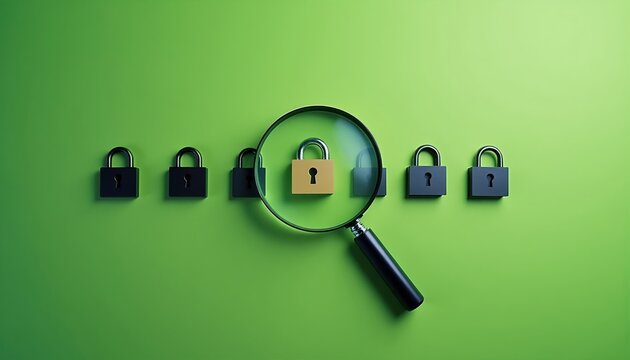 Magnifying glass inspects one gold padlock among many black ones. Focused search for unlocked item in row of security locks. Digital safety check concept.