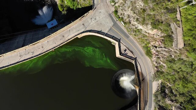 Aerial view of the san roque dam funnel spillway in cordoba argentina