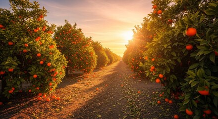 Beautiful orange orchard rows with ripe fruits hanging on trees during a bright sunset. A dirt path stretches down the middle under a warm golden sky
