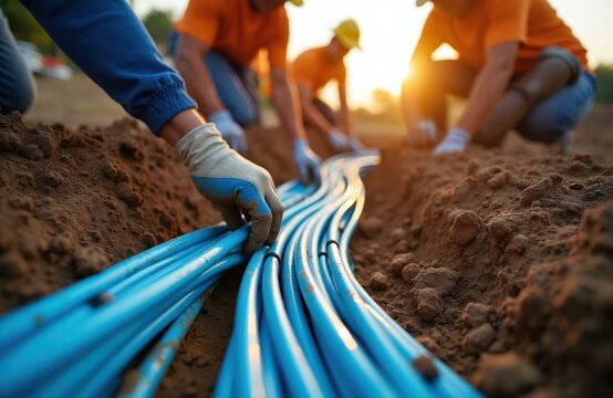Workers install blue optic cables in trench. Men lay fiber for internet connectivity in soil. Teamwork enables broadband infrastructure development.