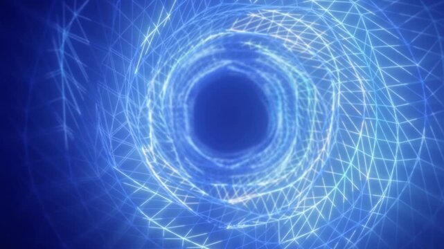 Futuristic blue wireframe tunnel with glowing polygon lines