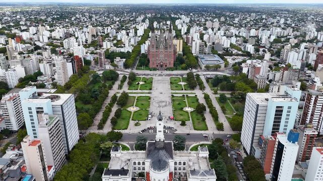 Aerial drone flying over plaza moreno in la plata argentina