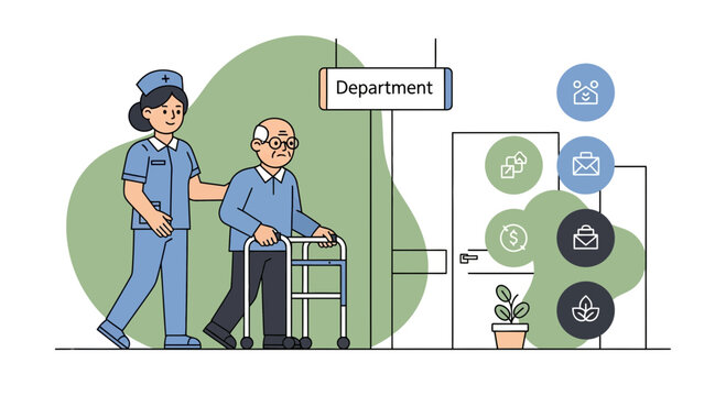 Nurse assisting elderly man with walker in hospital hallway