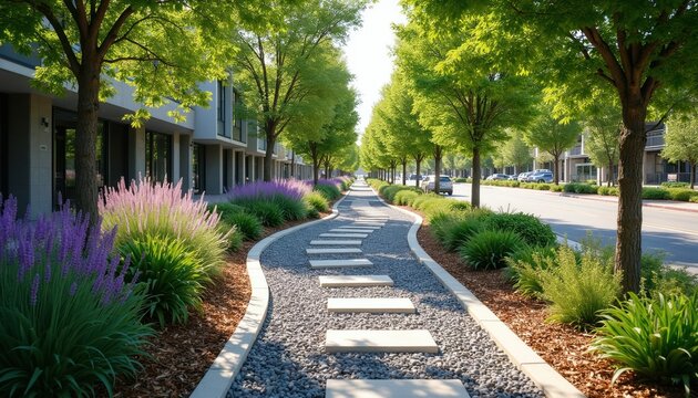 Urban street with modern buildings alongside park path. Rich green trees line walkway, road, creating serene, pedestrian-friendly environment perfect for city living or eco-conscious design concepts.