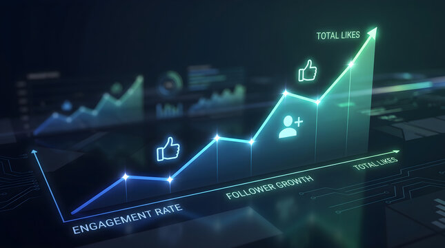 Captivating digital UI illustrating exponential growth in online engagement and audience metrics, showcasing data-driven marketing success and performance analytics