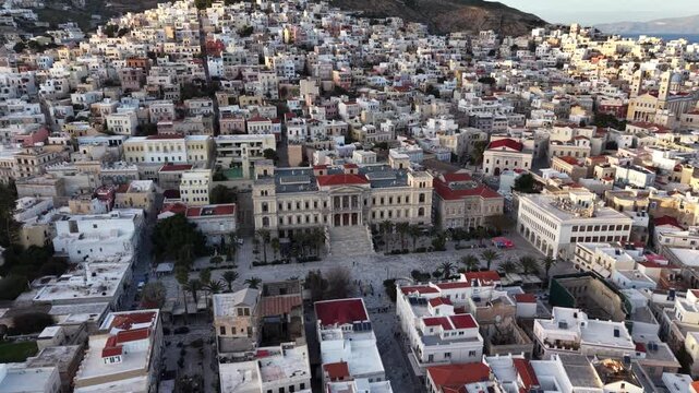 Aerial Descent Over Miaouli Square and City Hall in Syros Ermoupoli