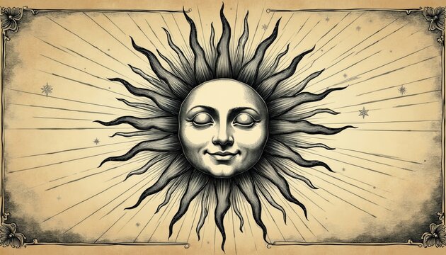 Vintage sun face illustration with closed eyes and serene smile. Rays emanate outwards with stars and celestial patterns. Ornate border frames the artwork. Esoteric, retro style.