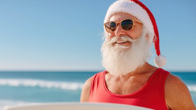 Confident Santa Claus wearing a fitted red tank top and sunglasses stands on a beach with ocean waves and clear blue sky in the background