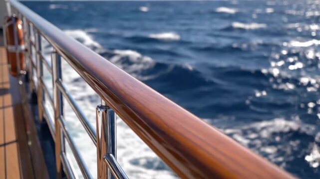Cruise ship deck railing over ocean waves.