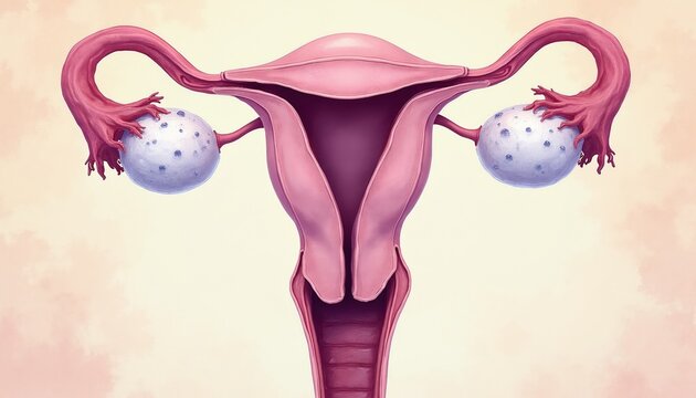 Female reproductive system illustration shows ovaries with cysts. Medical diagram details uterus, fallopian tubes anatomy. Visualizes gynecological health condition.