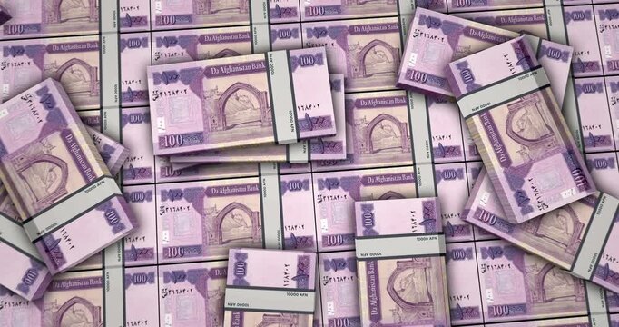 Afghanistan Afghani Afghan money banknotes 3d animation. 100 AFN packs concept of inflation, economy, crisis, business, banking, debt and finance.