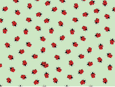 Seamless pattern with red ladybugs on soft green background, cute repeating insect texture