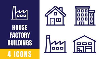 House Factory Buildings Line Icons Set — Family Home, Industrial Plant, Apartment, Warehouse Vector Illustration © muhammad