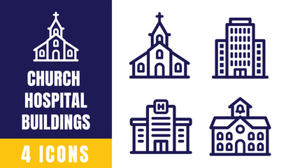 Church Hospital Buildings Line Icons Set — Cathedral, Medical Center, Apartment Block, School Building Vector © muhammad